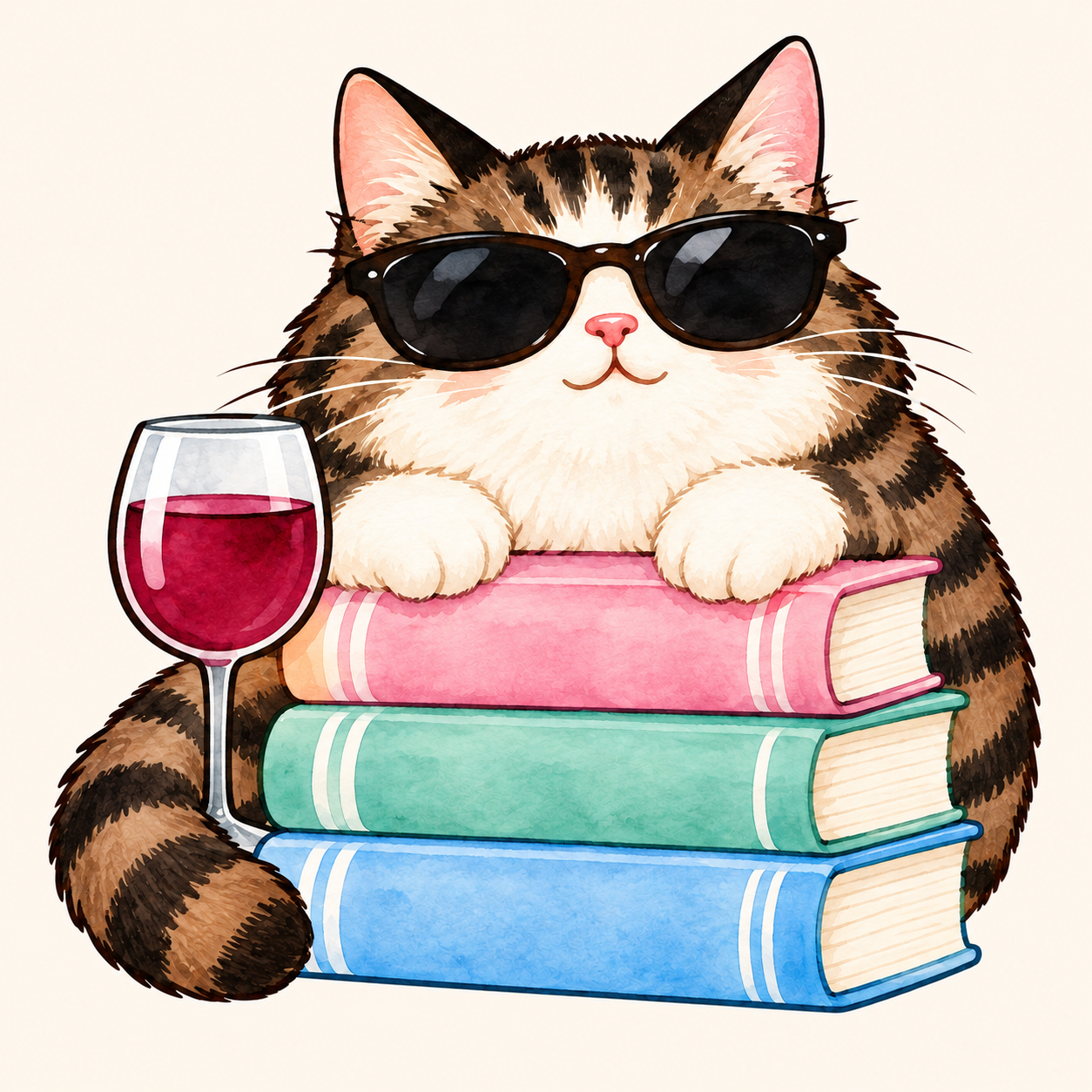 A sunglasses-wearing cat perched on a stack of books with a glass of wine